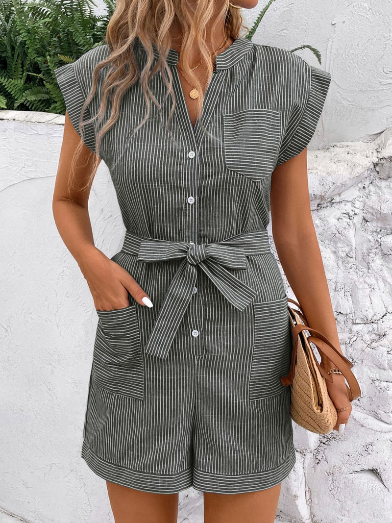 Alora Striped Notched Tie Waist Romper