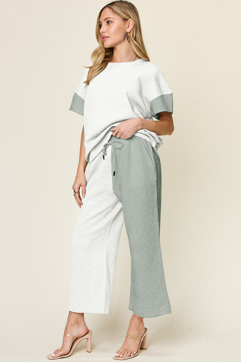 Avis Double Take Full Size Texture Contrast T-Shirt and Wide Leg Pants Set