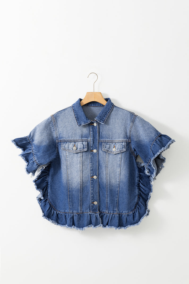 Kelise Ruffled Raw Hem Half Sleeve Denim Top