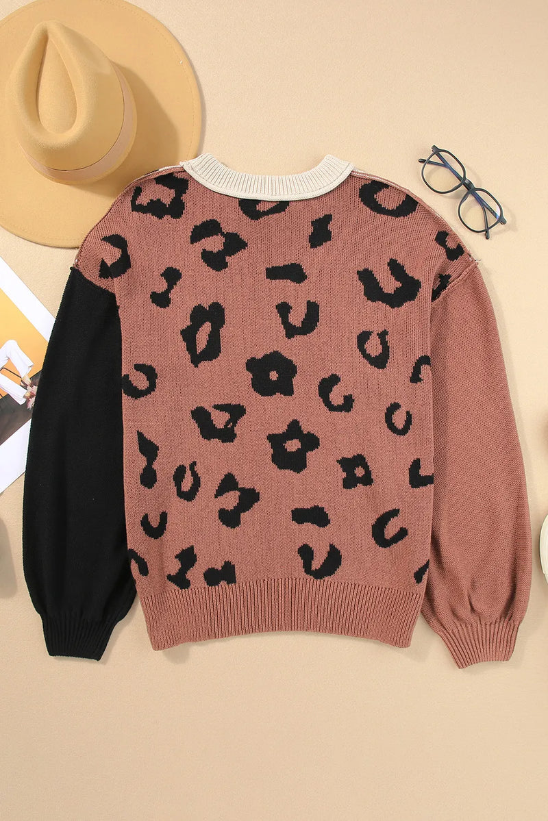 Corey Leopard Round Neck Long Sleeve Sweater