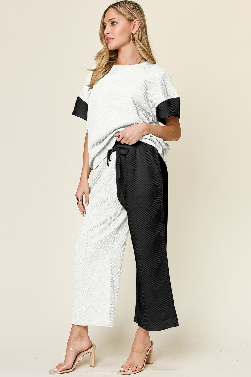 Avis Double Take Full Size Texture Contrast T-Shirt and Wide Leg Pants Set