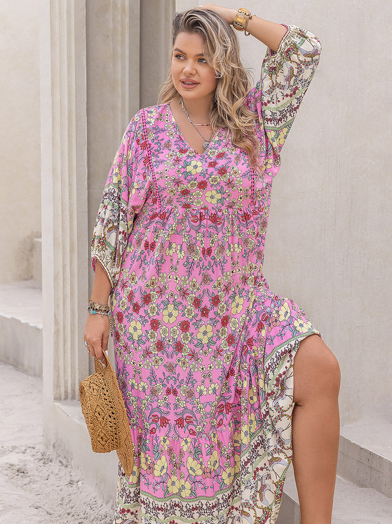 Heather Plus Size Floral V-Neck Balloon Sleeve Midi Dress