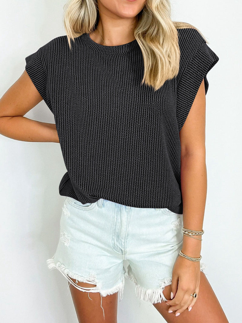 Lynn Textured Round Neck Cap Sleeve Blouse