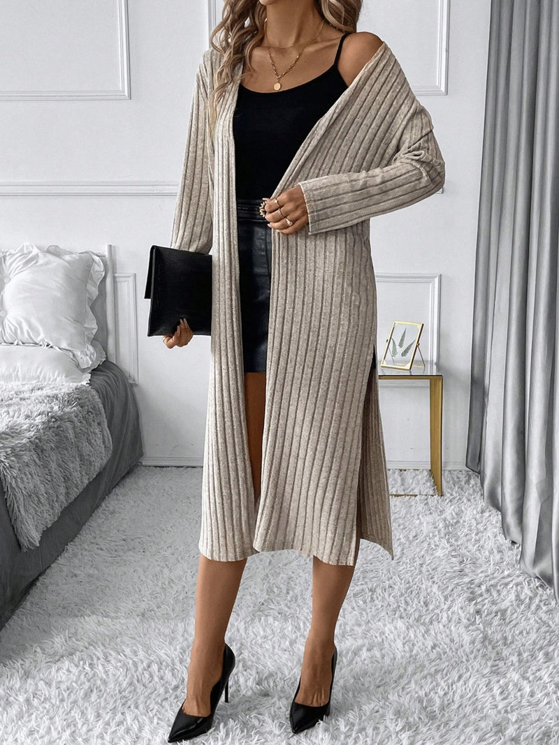 Jade Side Slit Ribbed Open Front Cardigan