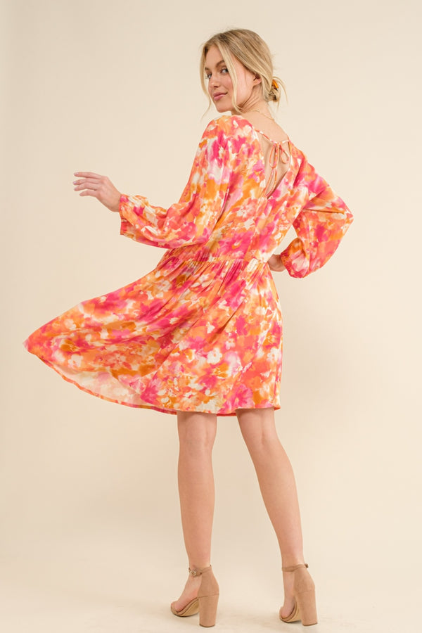 Izabella Full Size Printed Tie Back Long Sleeve Dress