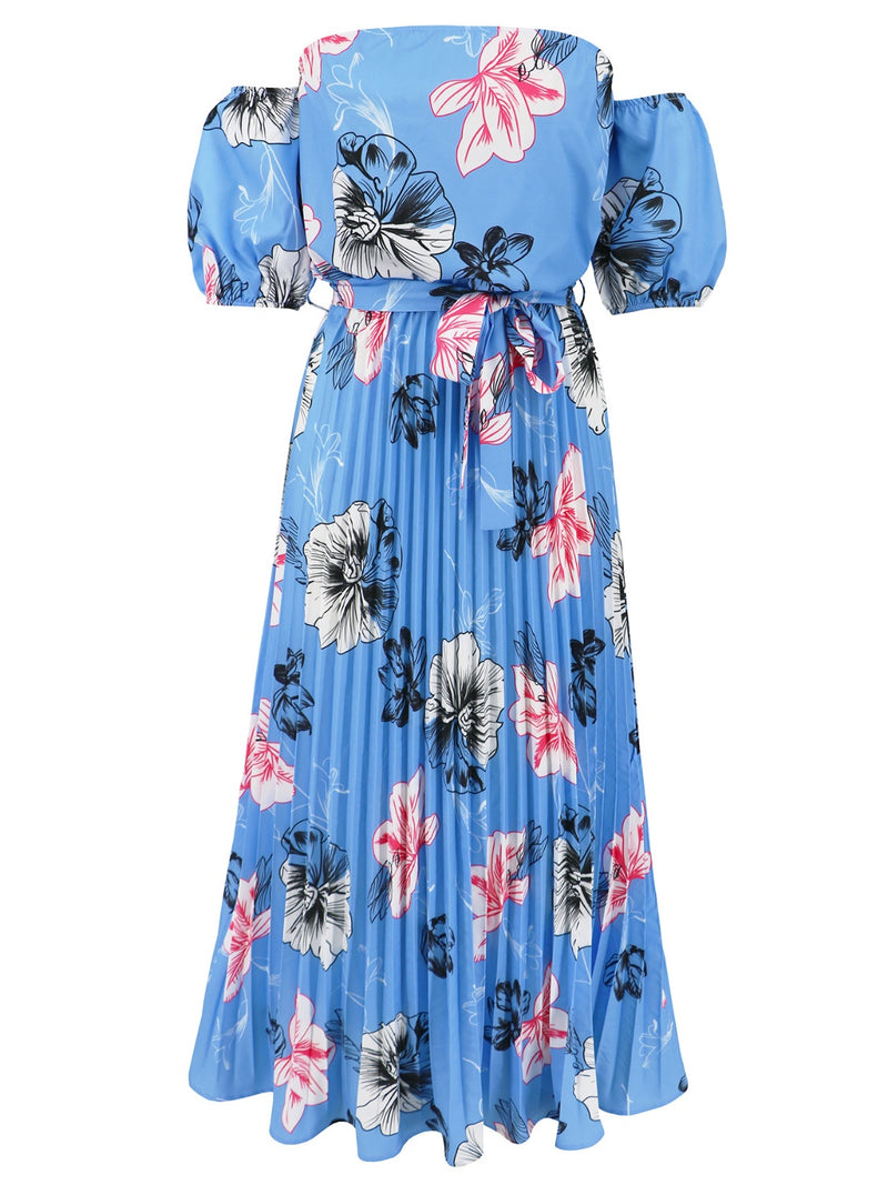 Dayna Pleated Floral Off-Shoulder Short Sleeve Midi Dress