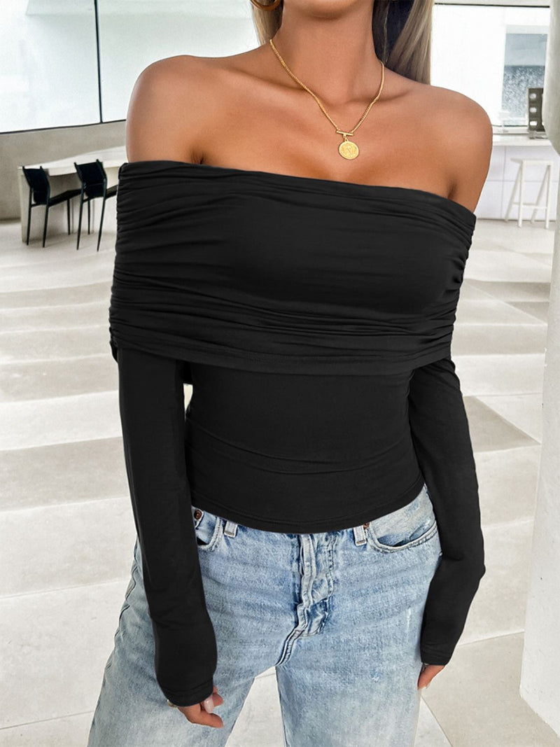 Jessica Ruched Off-Shoulder Long Sleeve T-Shirt