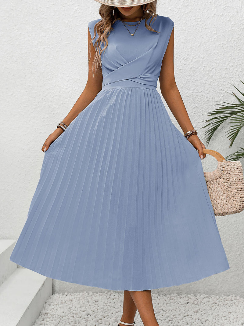 Aria Pleated Round Neck Cap Sleeve Dress