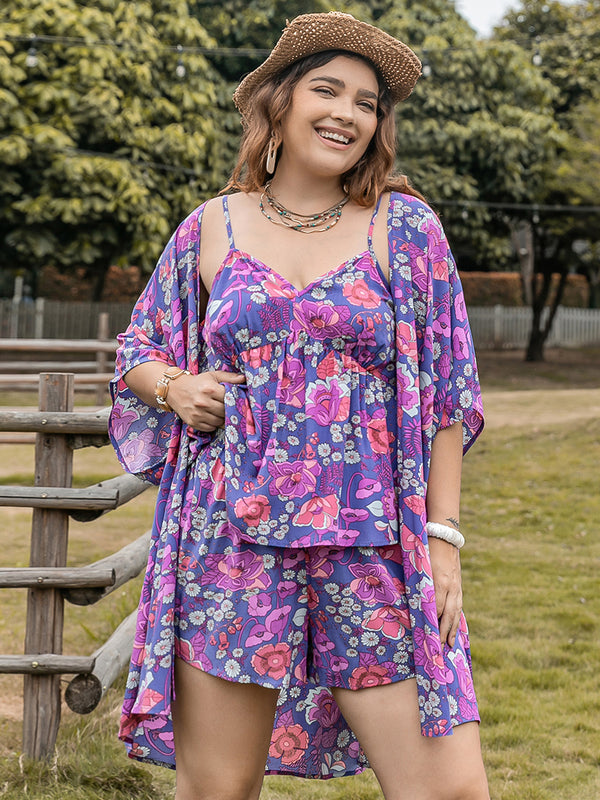 Jen Plus Size Printed Cami, Open Front Cover Up and Shorts Set