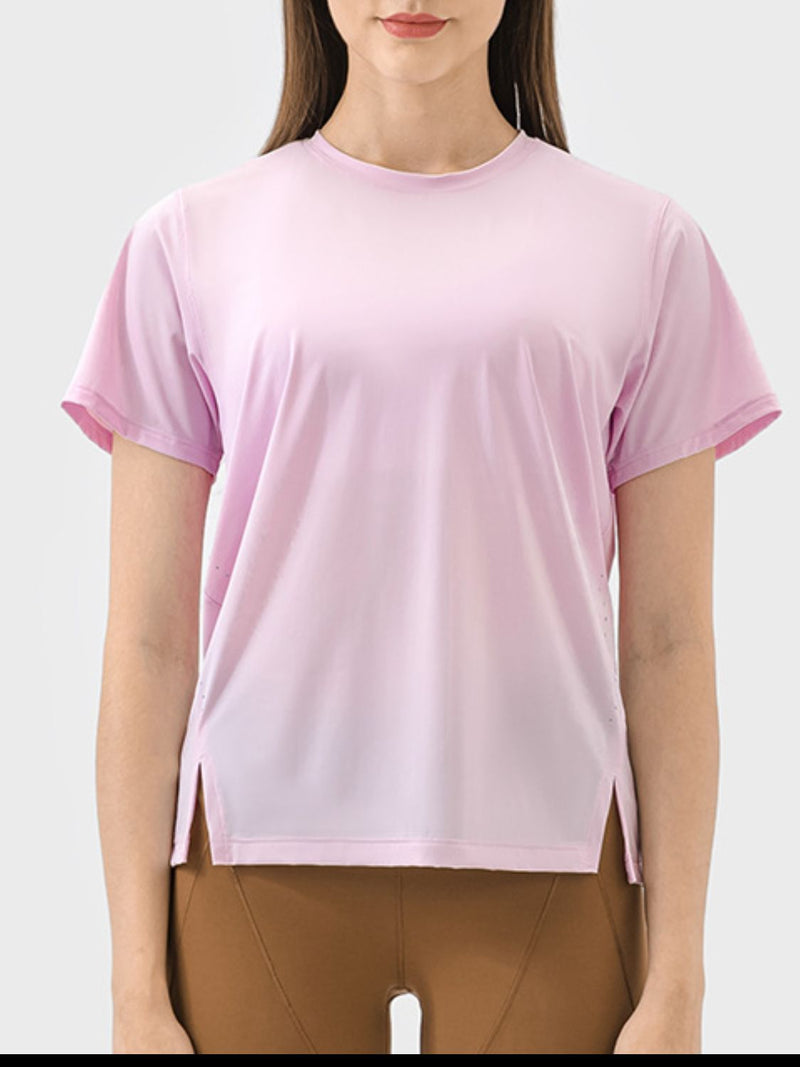 Malena Slit Round Neck Short Sleeve Active T-Shirt