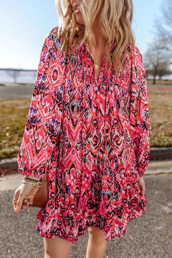 Tessa Tassel Printed Tie Neck Long Sleeve Dress