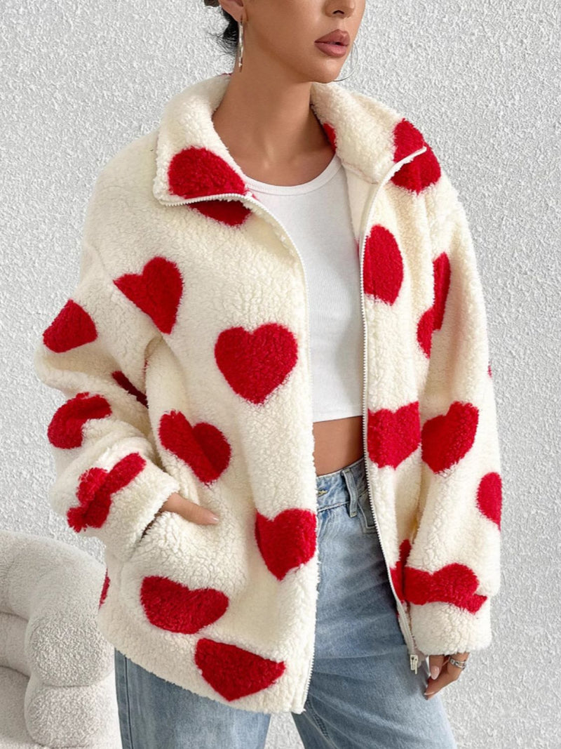 Hartley Heart Zip Up Drop Shoulder Furry Jacket