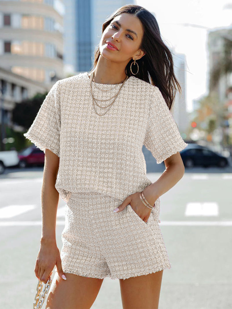 Hilly Raw Hem Round Neck Top and Shorts Set