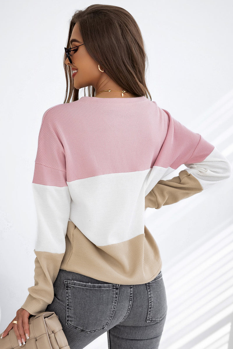 Lisa Color Block Waffle Knit Long Sleeve Top