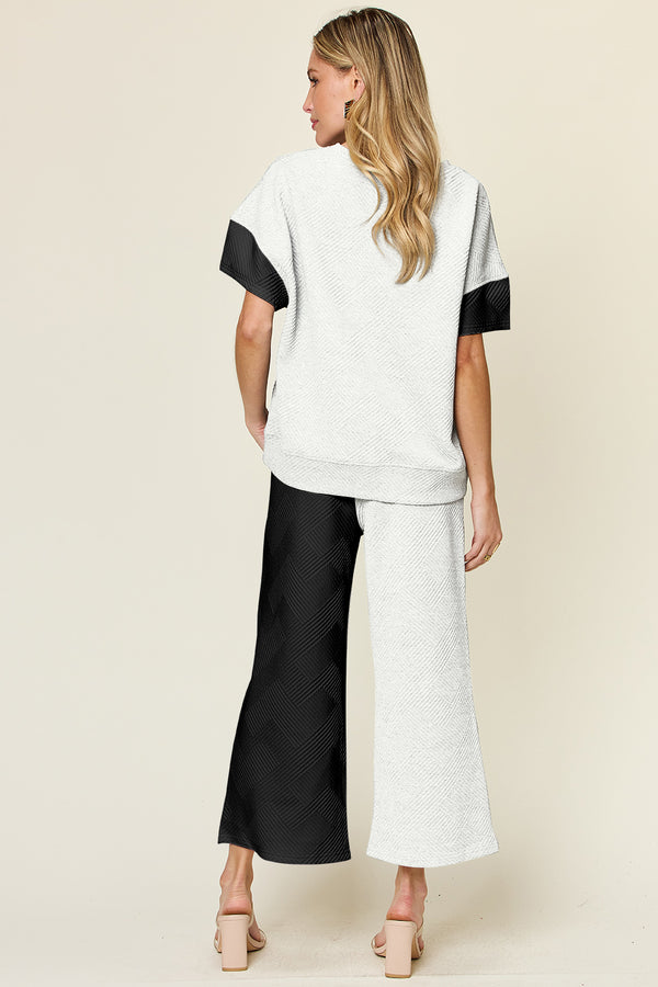 Avis Double Take Full Size Texture Contrast T-Shirt and Wide Leg Pants Set