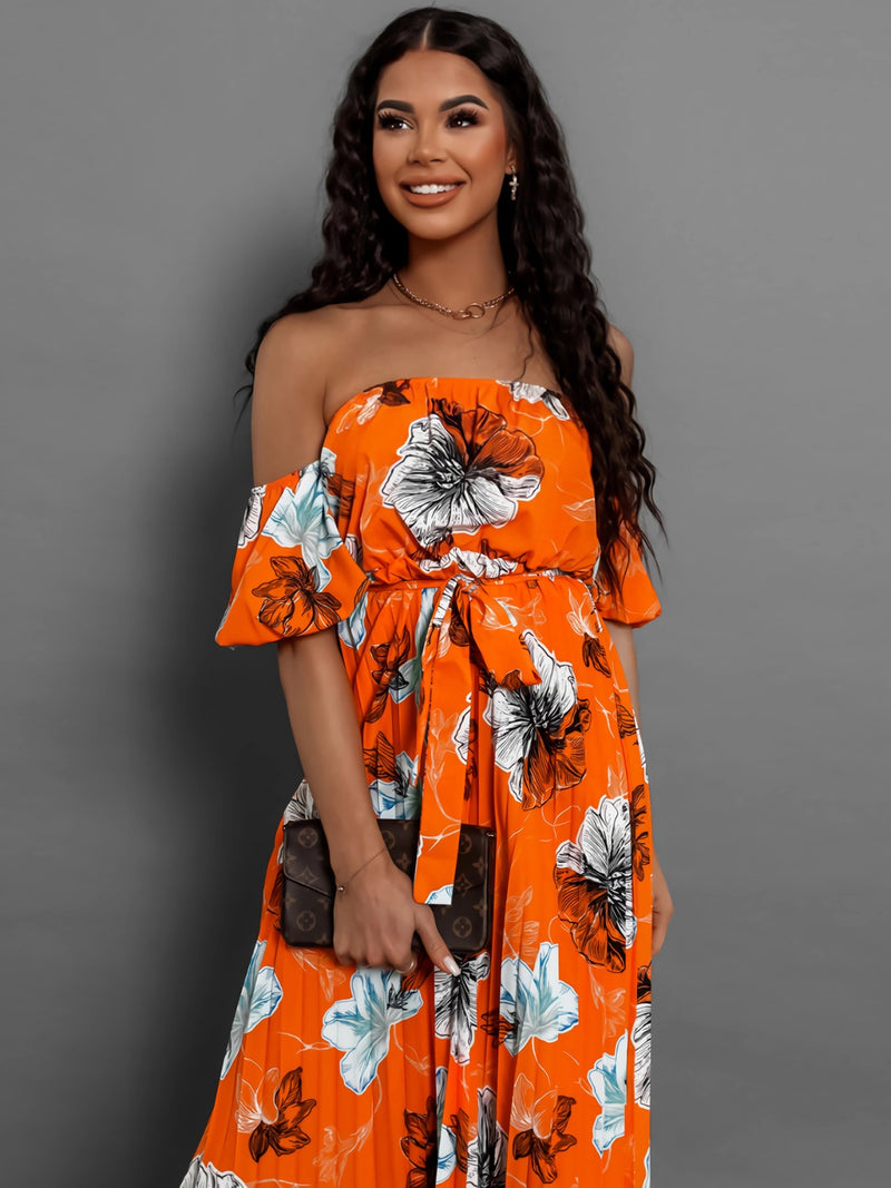 Dayna Pleated Floral Off-Shoulder Short Sleeve Midi Dress