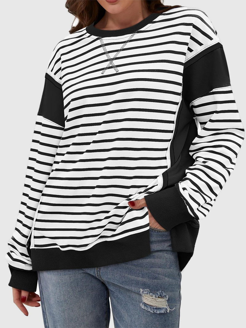 Chalesa Slit Exposed Seam Striped Long Sleeve Sweatshirt