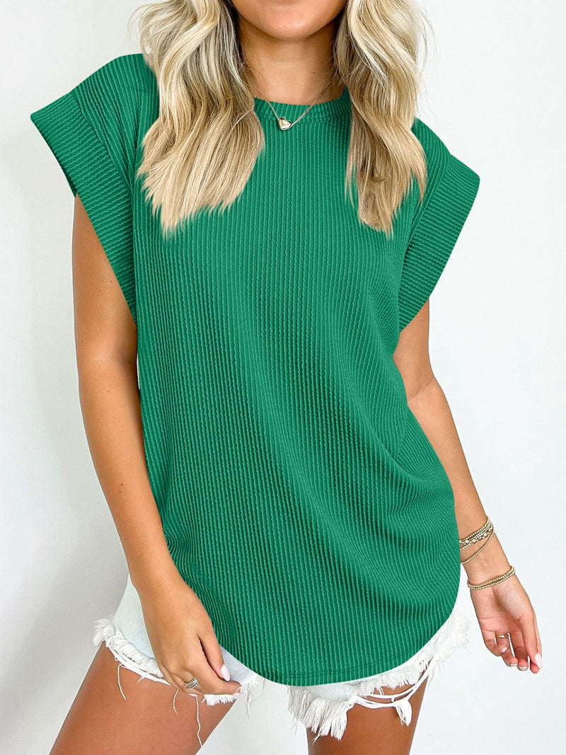 Lynn Textured Round Neck Cap Sleeve Blouse