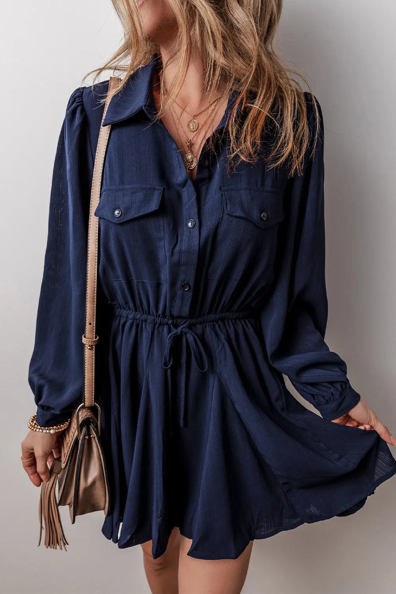 Nola Drawstring Half Button Long Sleeve Dress