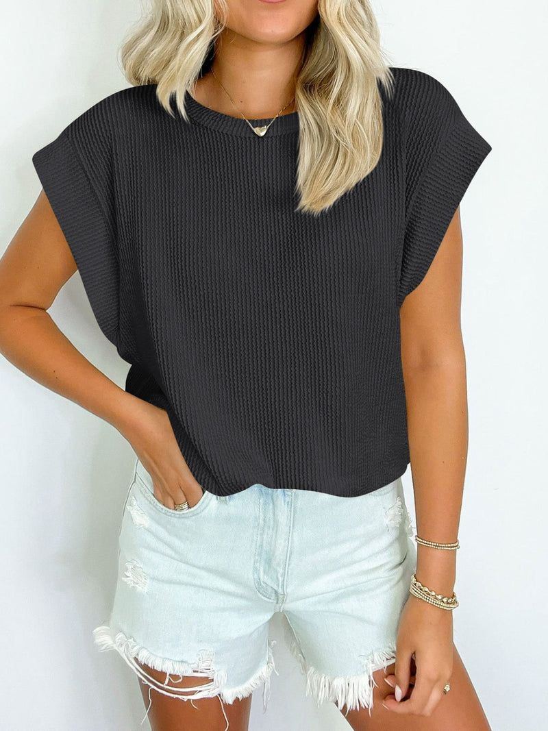 Lynn Textured Round Neck Cap Sleeve Blouse