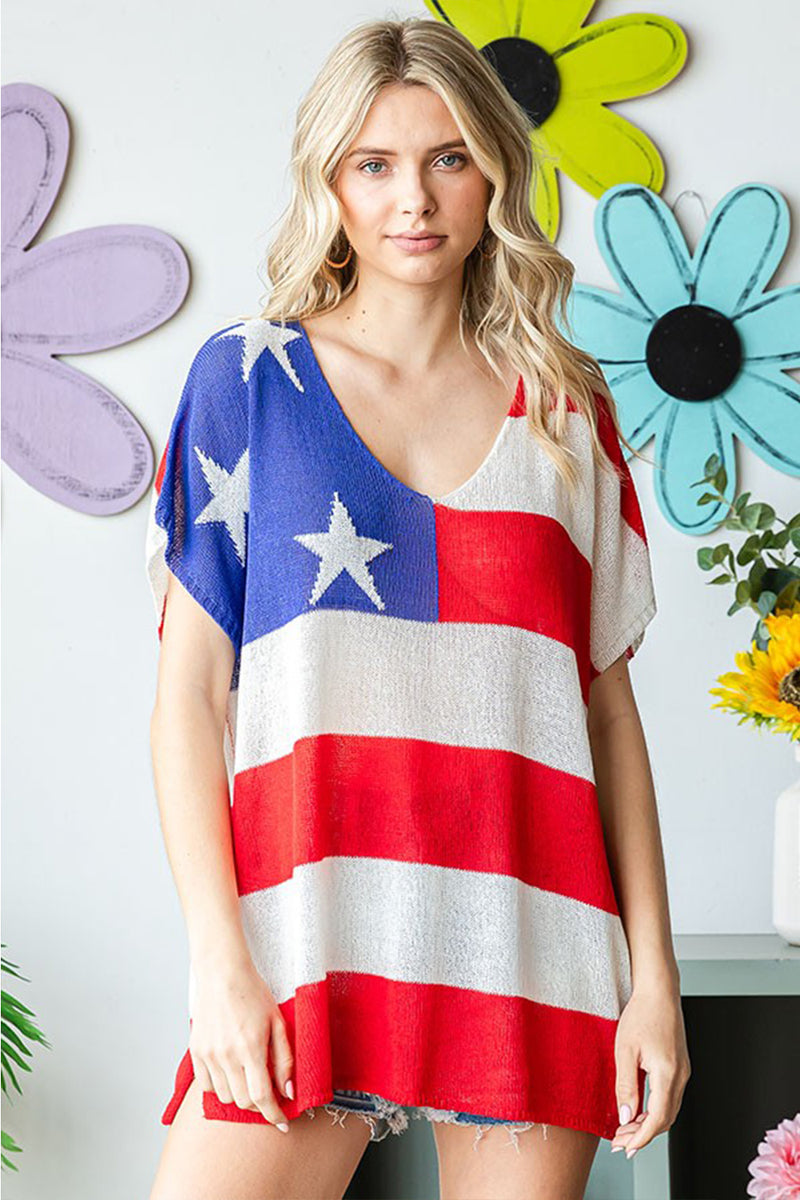 Cline Full Size USA Flag Drop Shoulder Knit Top