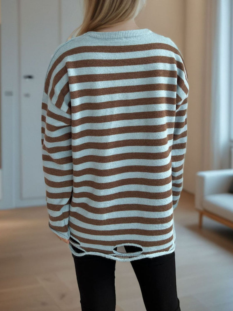 Luna Distressed Striped Round Neck Long Sleeve Sweater