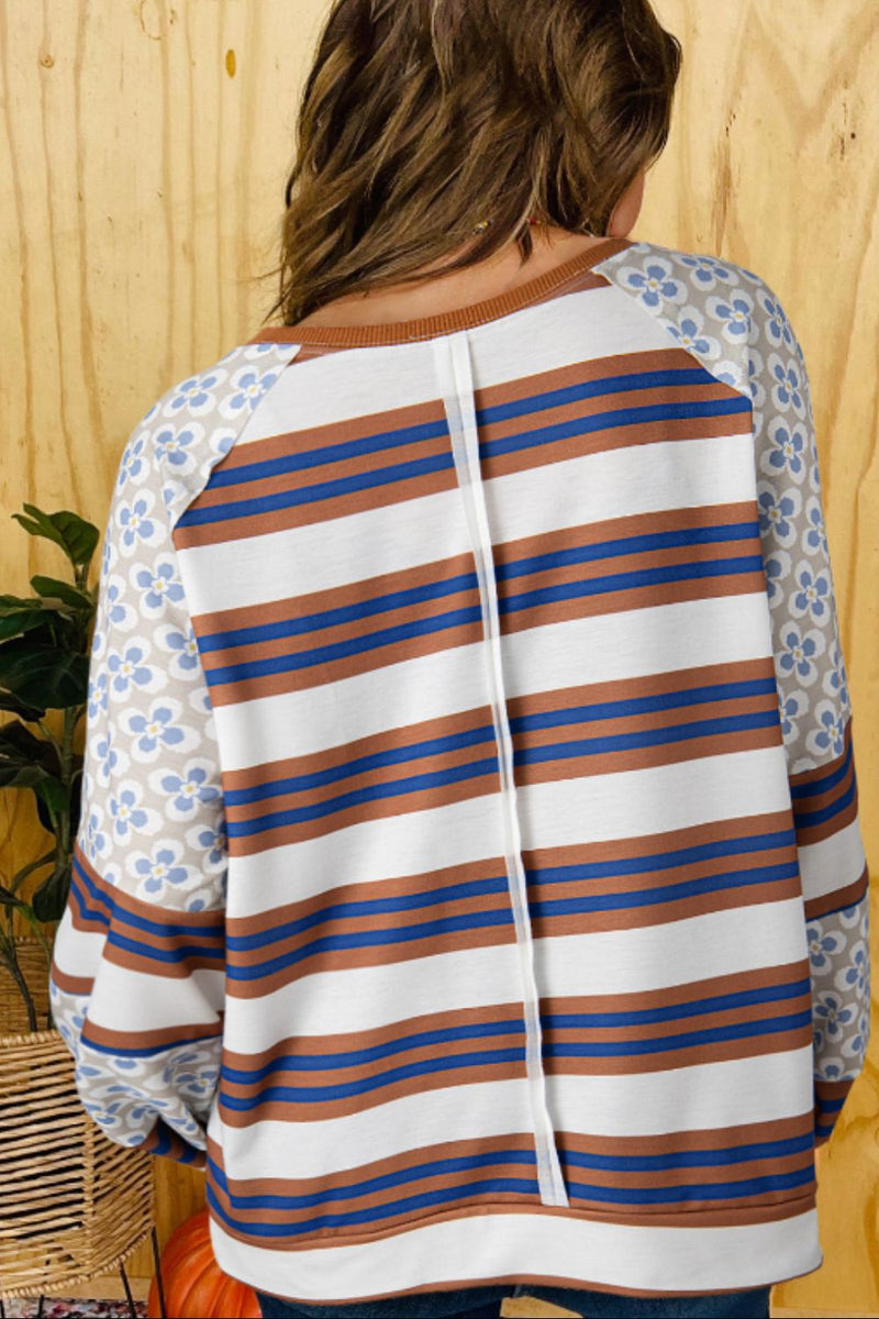 Pennie Contrast Stripes Round Neck Raglan Sleeve Sweatshirt