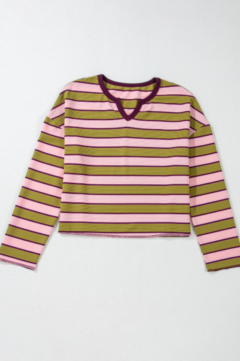 Jillie Striped Notched Long Sleeve T-Shirt