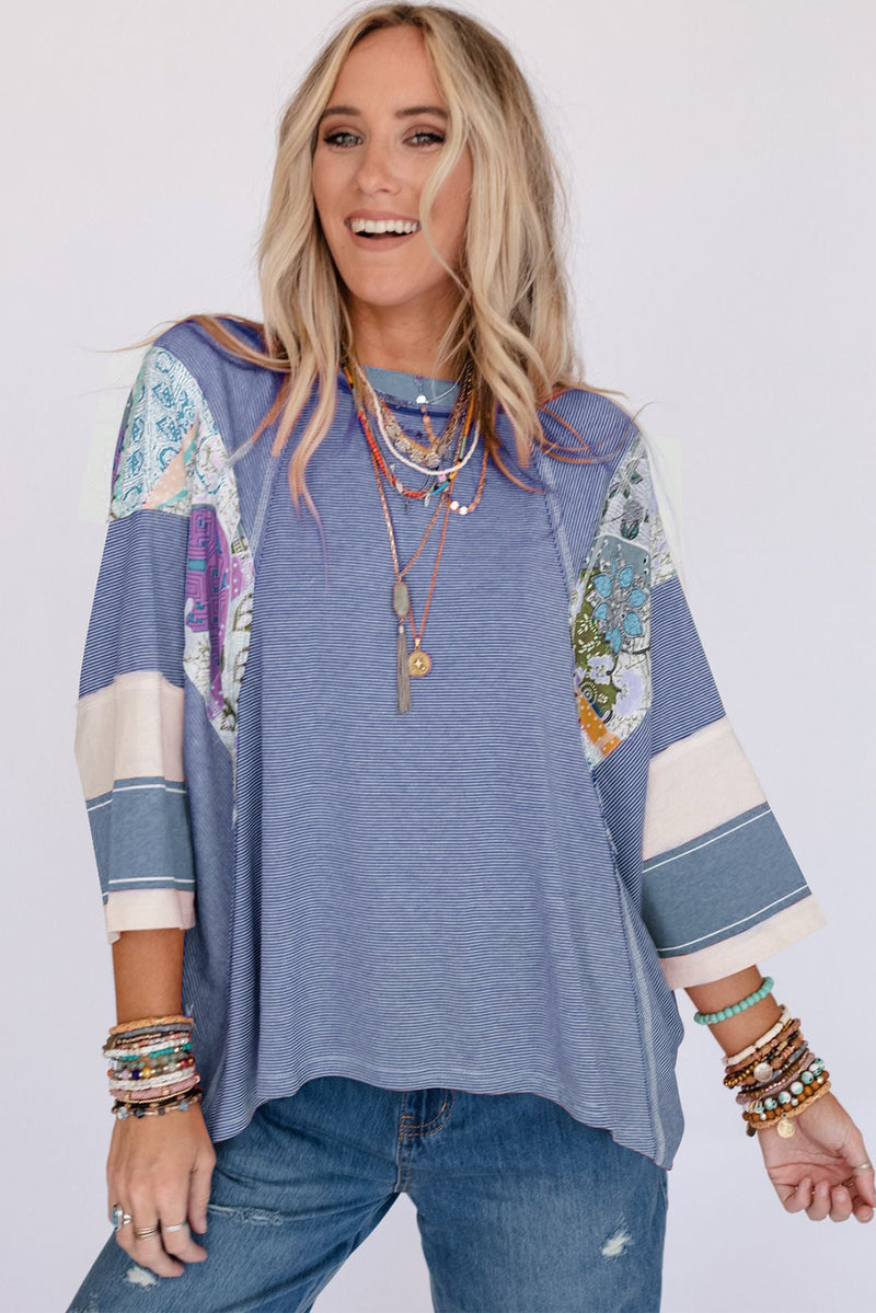 Ashley Striped Floral Patchwork Round Neck Top