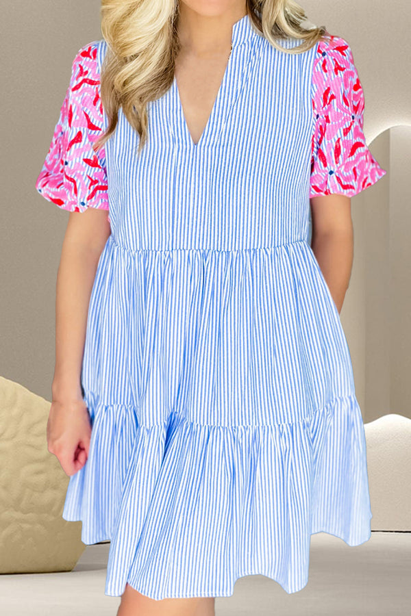 Shiloh Embroidered Striped Notched Short Sleeve Dress