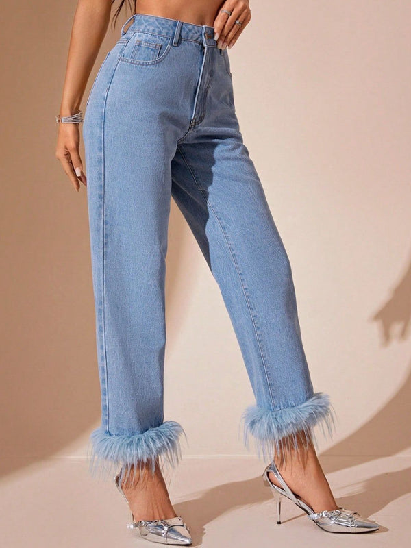 Idole Plush Hem High Rise Straight Jeans