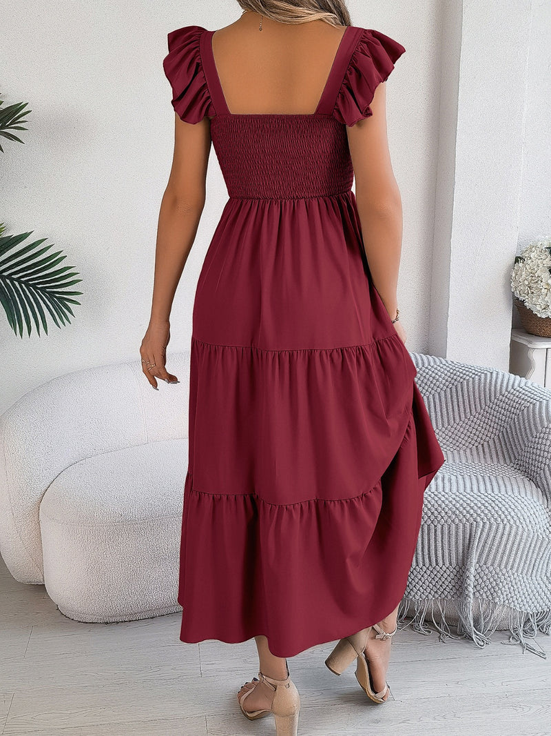 Perry Smocked Square Neck Cap Sleeve Midi Dress