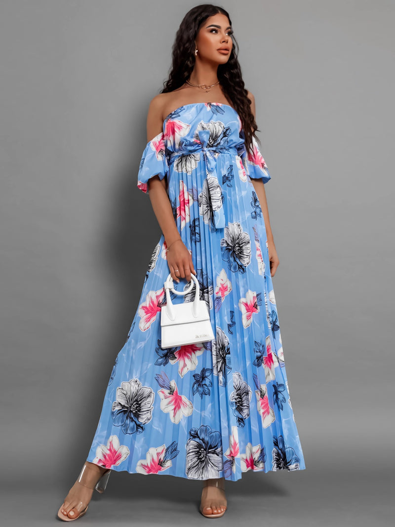 Dayna Pleated Floral Off-Shoulder Short Sleeve Midi Dress