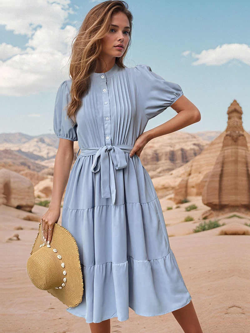 Gwen Tie Waist Puff Sleeve Midi Dress