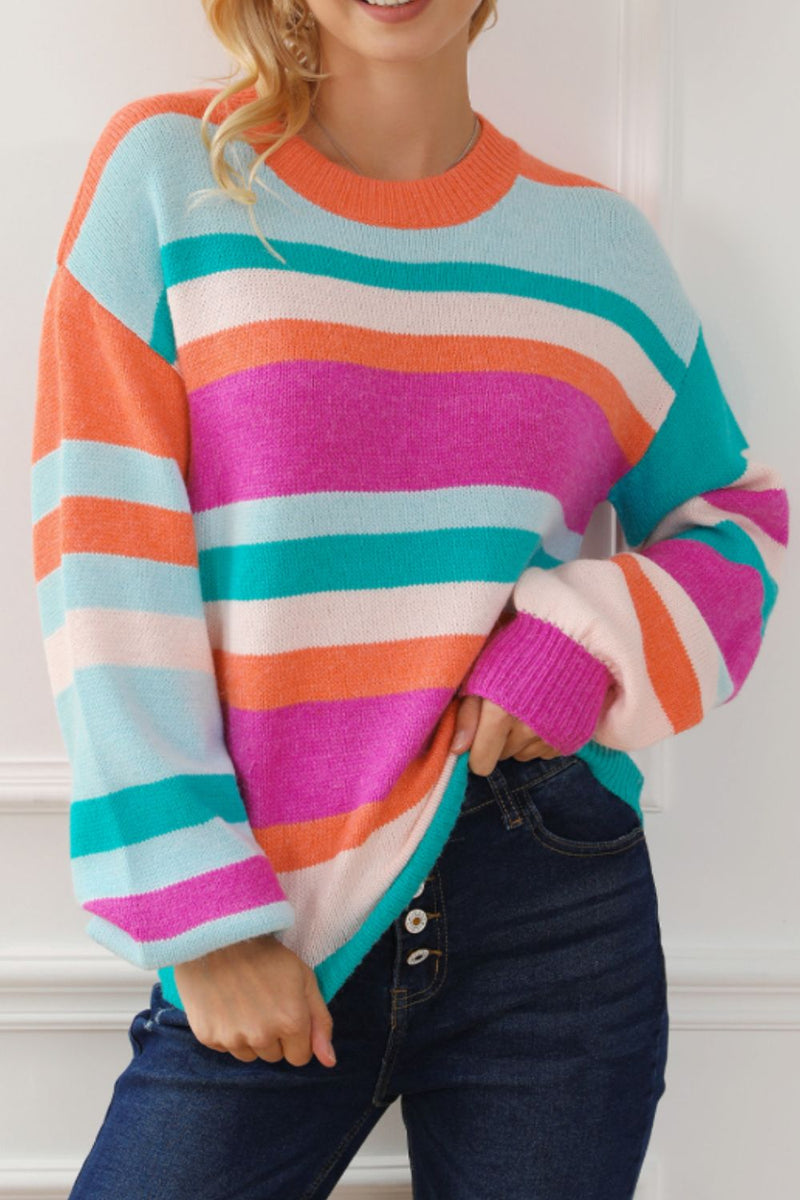 Emma Striped Round Neck Drop Shoulder Sweater