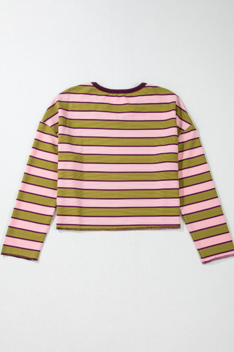 Jillie Striped Notched Long Sleeve T-Shirt