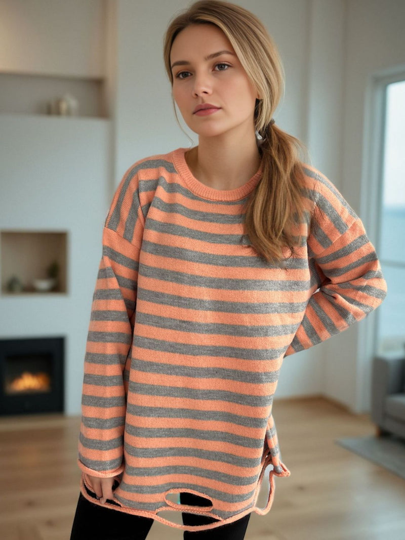 Luna Distressed Striped Round Neck Long Sleeve Sweater