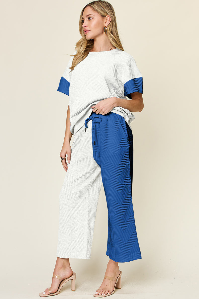 Avis Double Take Full Size Texture Contrast T-Shirt and Wide Leg Pants Set