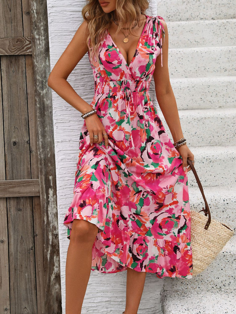 Romeo Ruffled Smocked Printed Sleeveless Dress