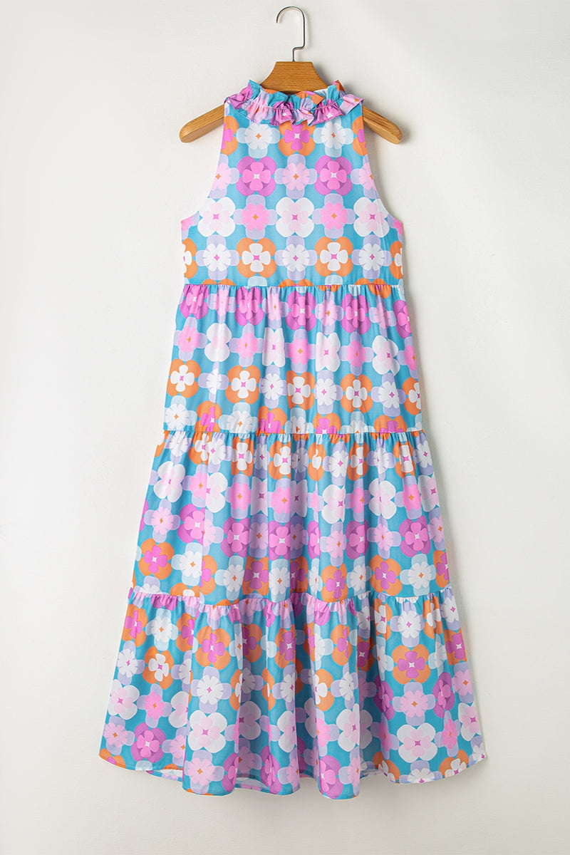 Lacey Frill Printed Notched Sleeveless Dress