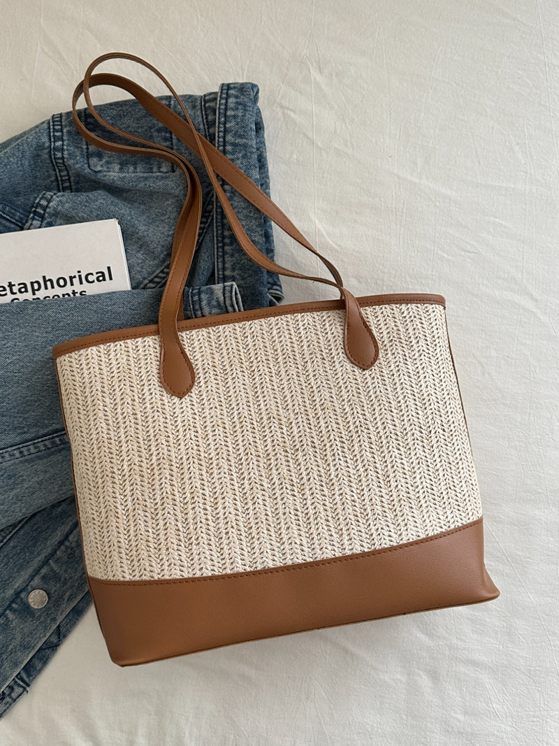 Delia Contrast Straw Woven Tote Bag