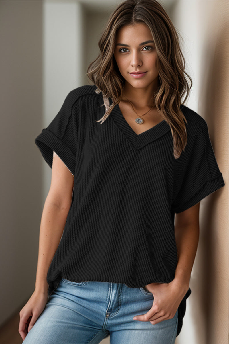 Alice Textured V-Neck Short Sleeve Top