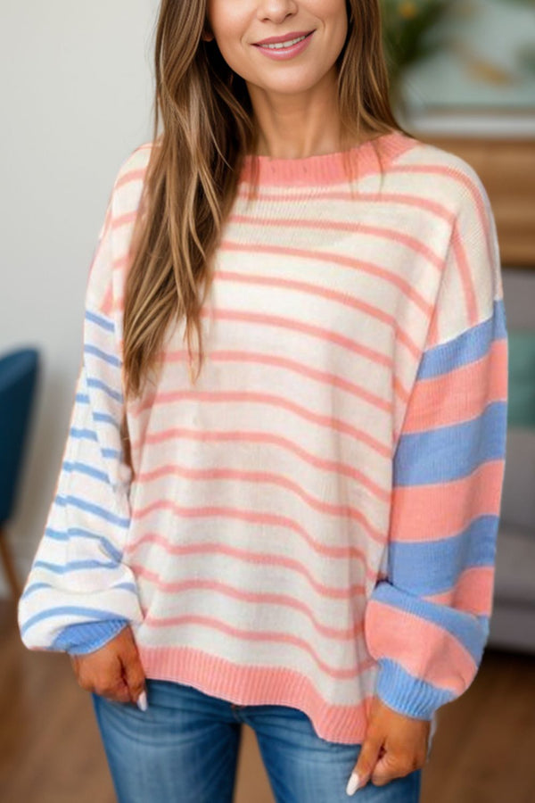 Lindsey Contrast Striped Round Neck Long Sleeve Sweater