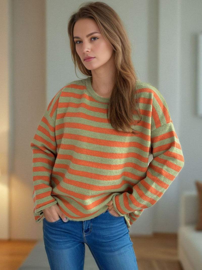 Luna Distressed Striped Round Neck Long Sleeve Sweater