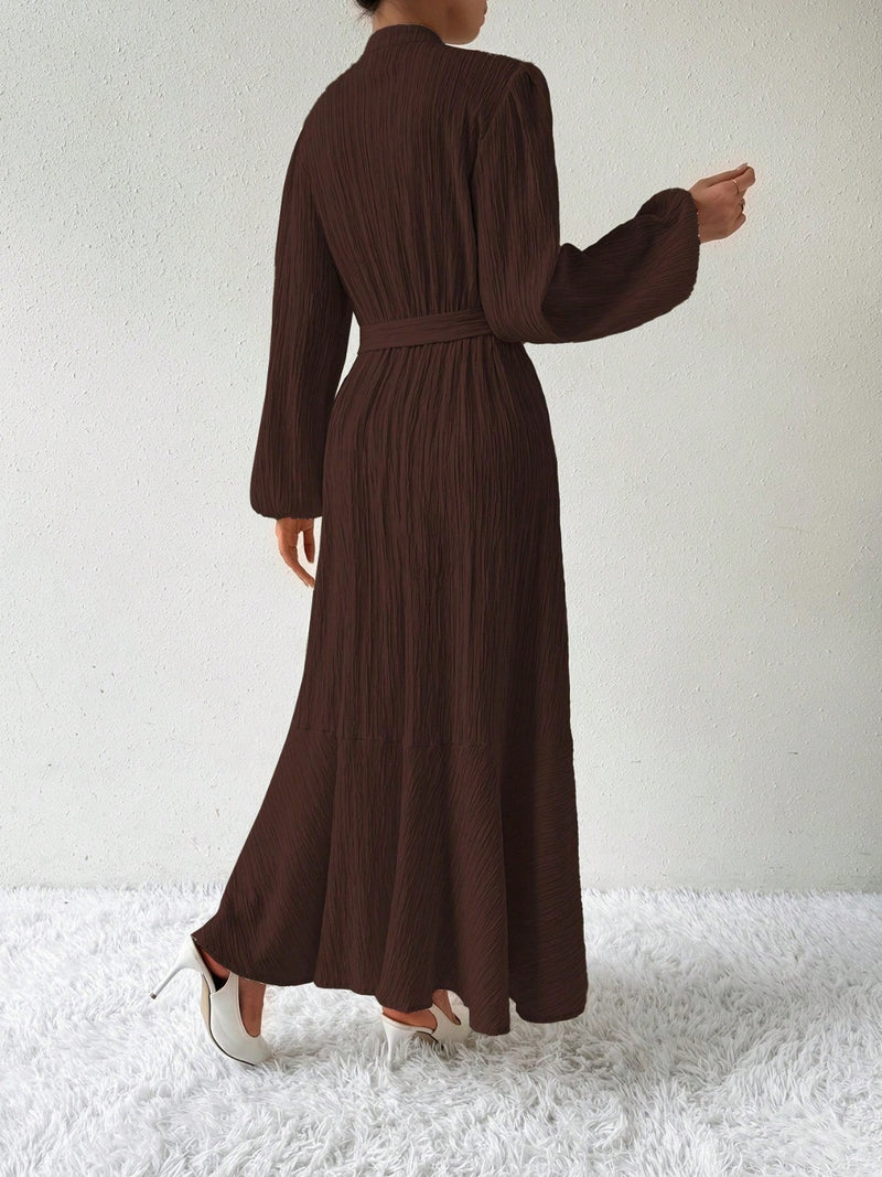 Thea Half Button Tie Waist Long Sleeve Maxi Dress