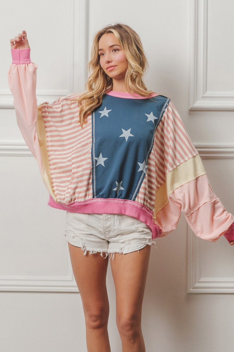 Alyse Stars and Stripes Round Neck Long Sleeve Top