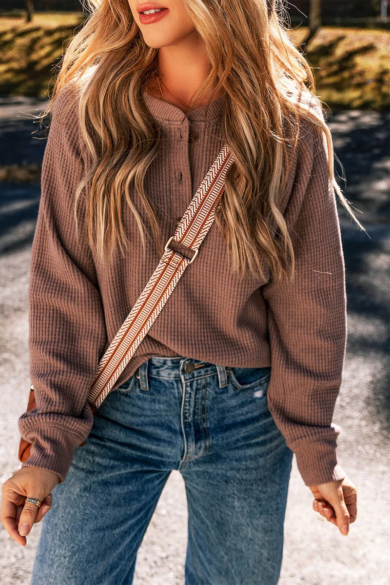 Isla Waffle-Knit Round Neck Long Sleeve Blouse