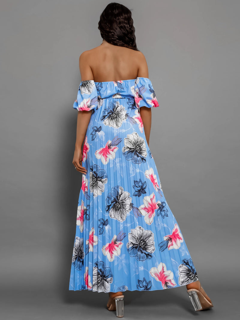 Dayna Pleated Floral Off-Shoulder Short Sleeve Midi Dress