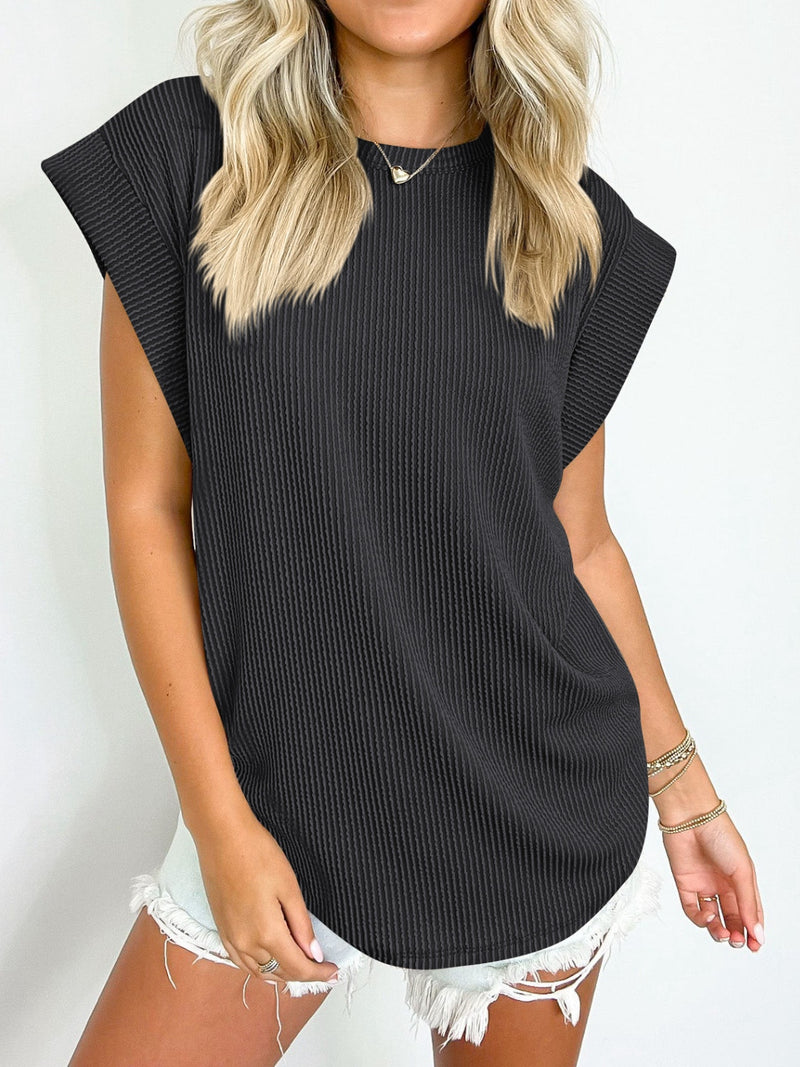 Lynn Textured Round Neck Cap Sleeve Blouse