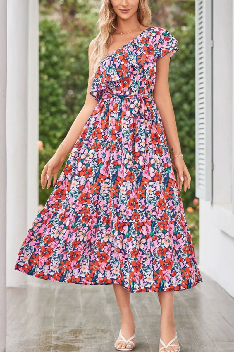 Ashlee Ruffled Tied Printed One Shoulder Dress